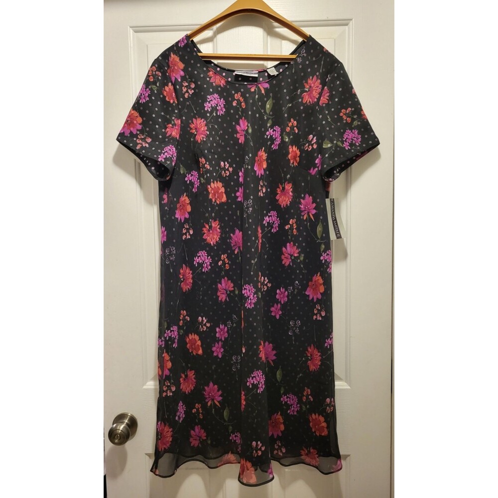 Amanda Smith II Woman Size 18W Black and Pink Floral Dress w/ Sheer Overlay $86